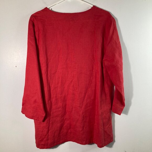 Womens Flax V Neck Linen Tunic Red M 3/4 Sleeve Linen - Picture 2 of 9
